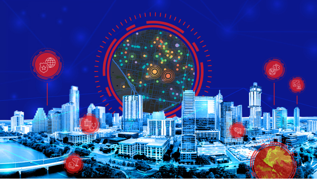 A graphic image of a city in shades of ice blue beneath a deep blue sky, overlaid with scattered red public safety icons and a small round map of city hotspots