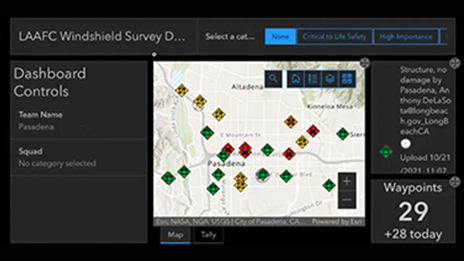 A map dashboard displaying windshield survey data, including a colorful map and several lists of data