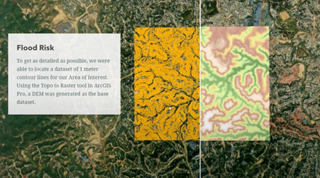A flood risk map with a slider that allows the user to view a select area as a topographic map or a heat map 