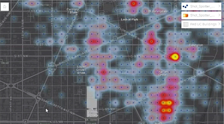 A screencap from the featured video showing a heat map of a city area with hot pink and yellow on a gray background