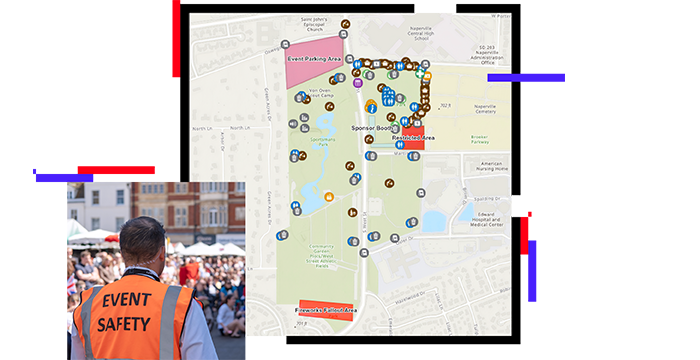 Special event site map and photo of event safety staff member looking out over a crowd