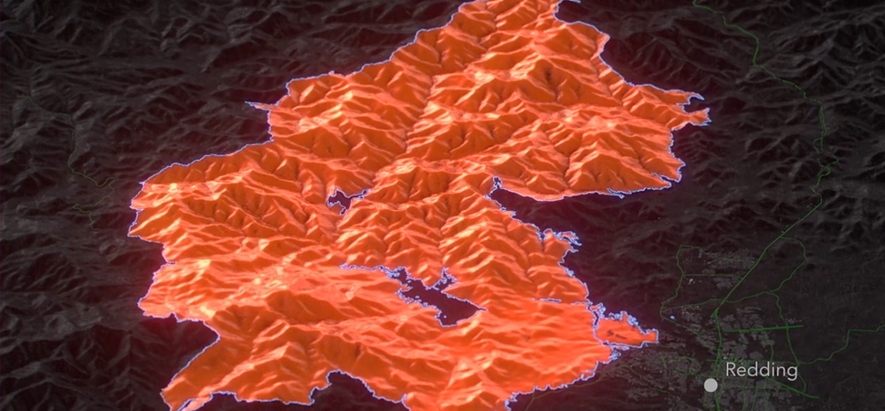 Map of mountainous area shaded in orange