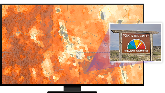 Average wildfire risk map and a sign showing today’s fire danger as very high