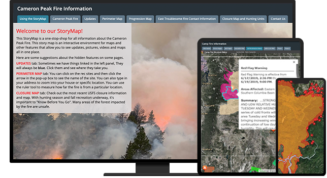 Desktop, tablet, and smart phone showing fire maps and information