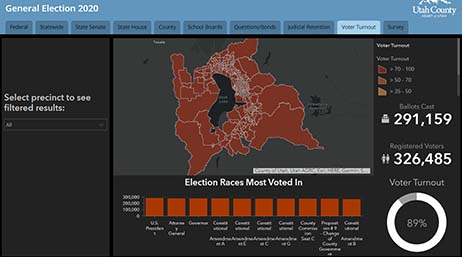 A map dashboard with a map and statistics in orange and white on a black background