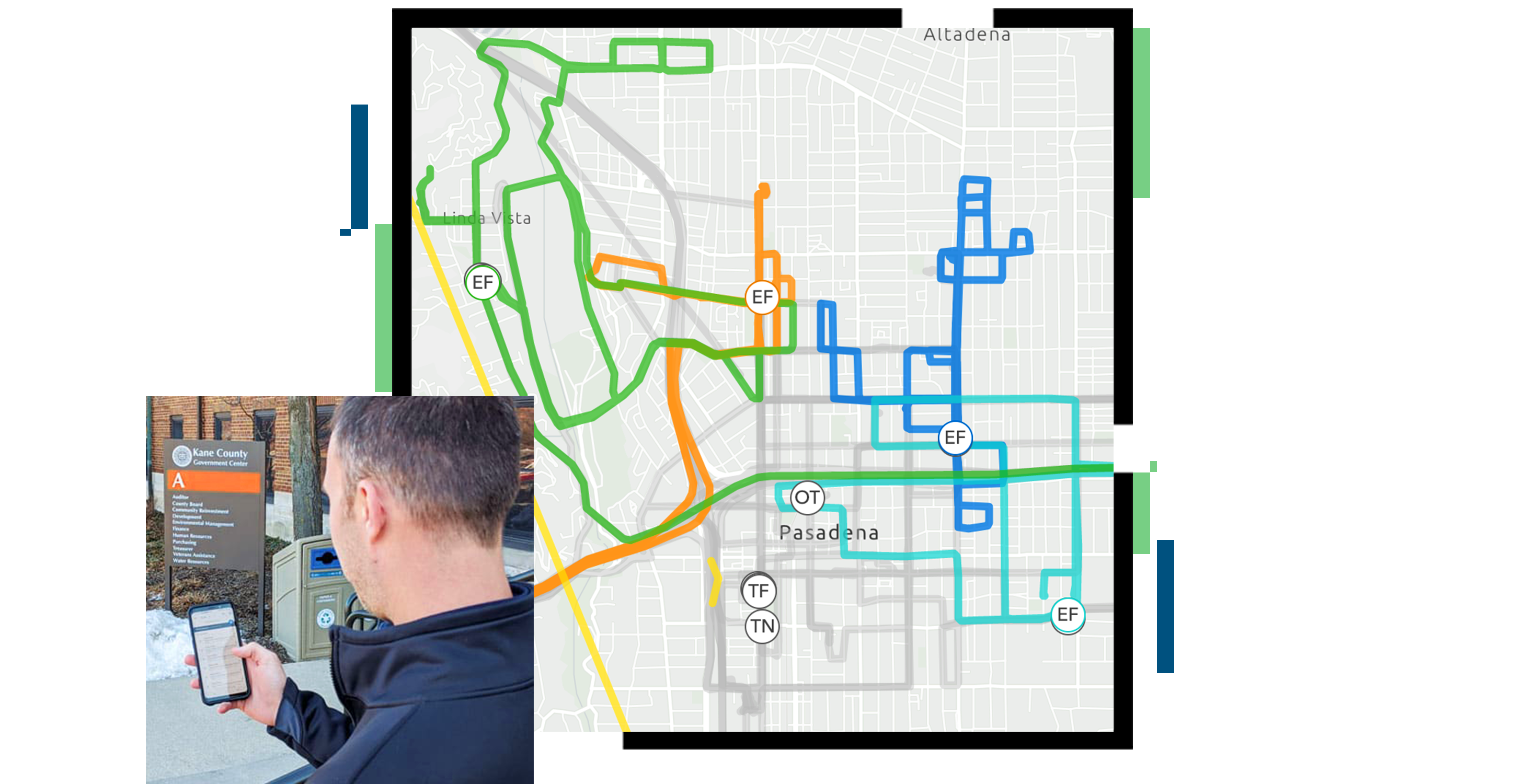 A city street map with routes shown in green, blue, and orange on a gray background, overlaid with a photo of a person on a city street using a mobile phone to view a list of polling sites