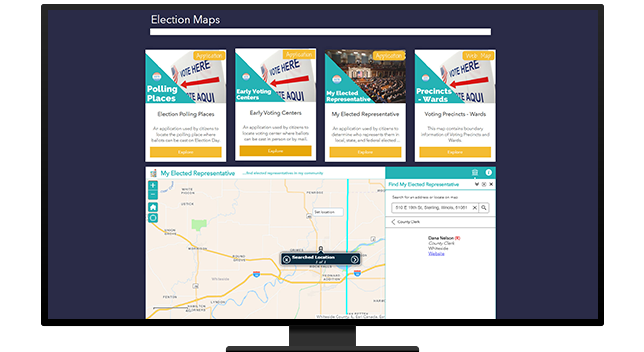 A graphic of a computer monitor displaying a data hub with five choices of election maps against a dark blue background