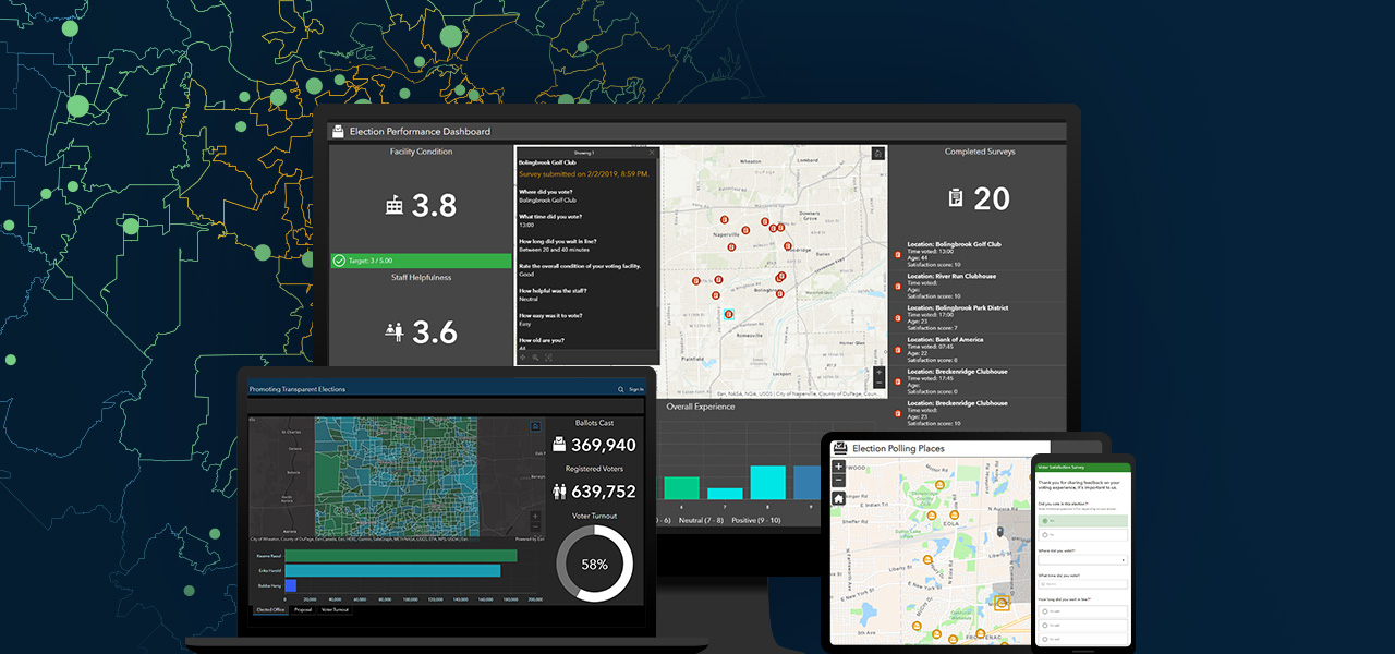 A graphic of a computer monitor, a laptop monitor, a tablet, and a mobile phone all displaying coordinating map dashboard data, on a dark blue map background