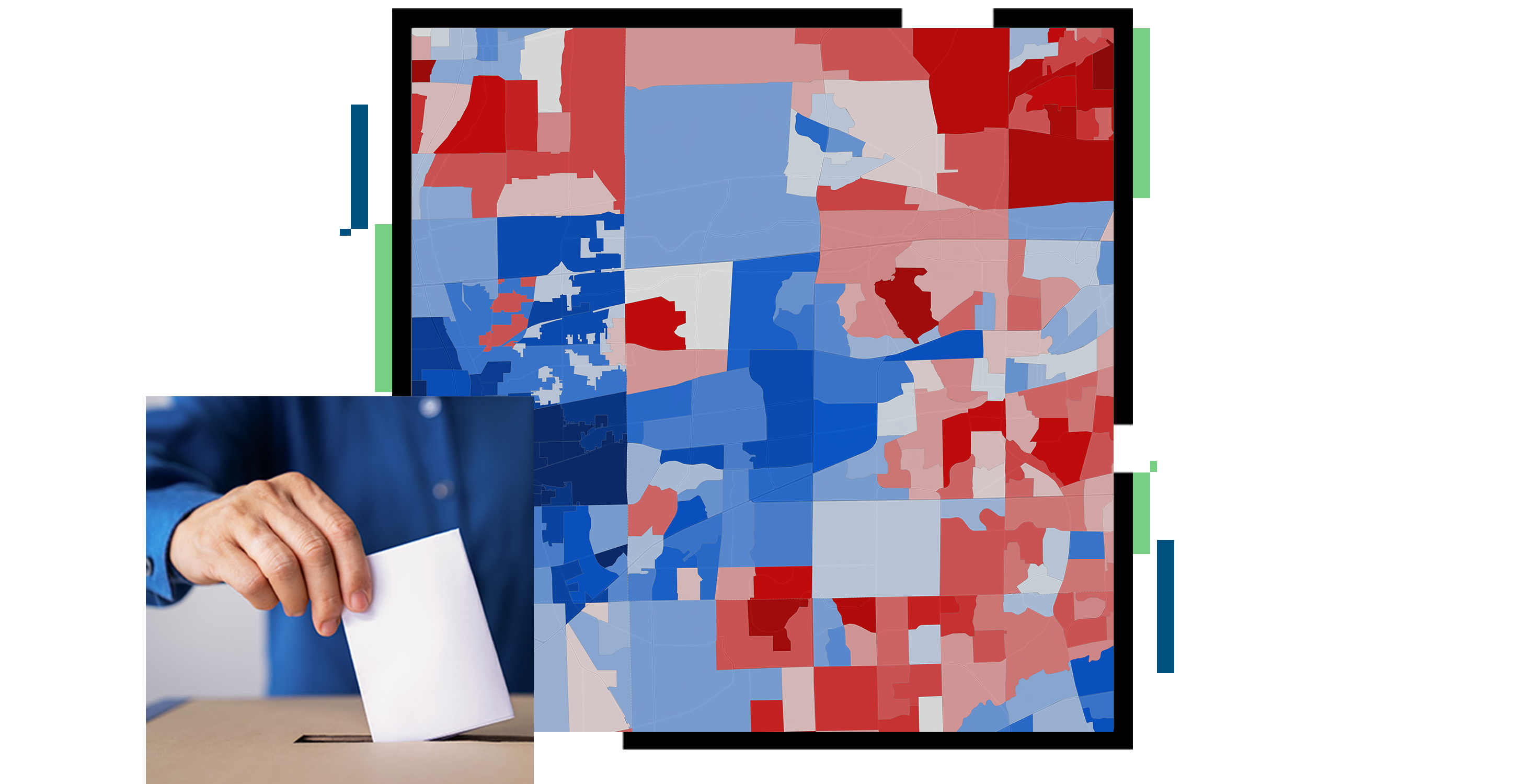 A district map shaded in reds and blues beside a photo of a person in a blue button-down shirt dropping a ballot into a ballot box