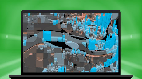 A laptop computer showing a 3D city with building highlighted blue, and streets highlighted red