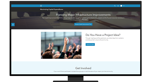 A desktop computer showing a webpage titled “Planning Major Infrastructure Improvements” and calls to action for the public to get involved