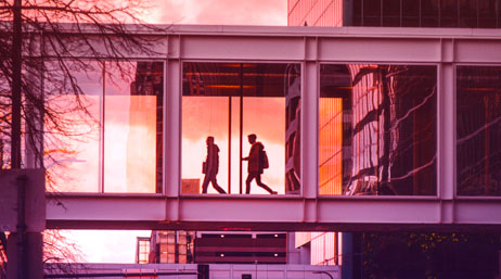 Two people walking through a glass bridge between buildings with a sunset casting a pink tint