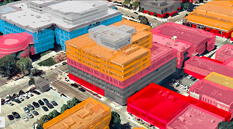 An area with many multistory buildings covered in digital mesh