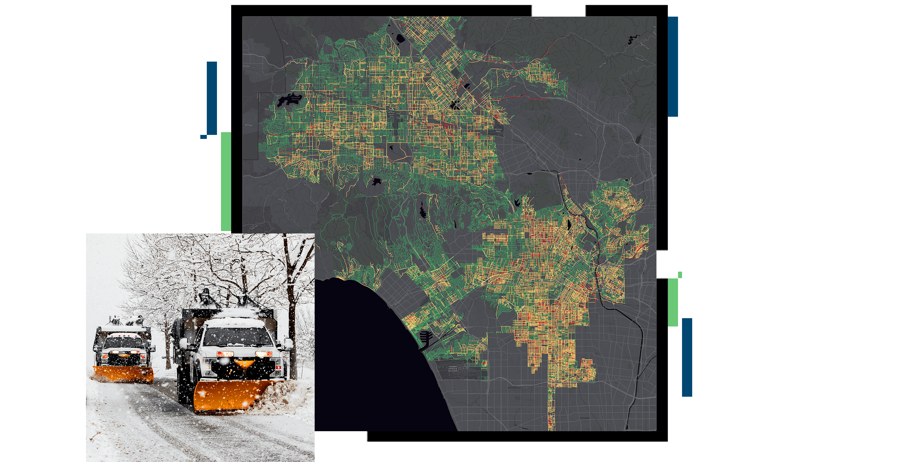 Two snowplow trucks scraping a snowy road, A grayscale map overlayed with green, yellow, and red areas