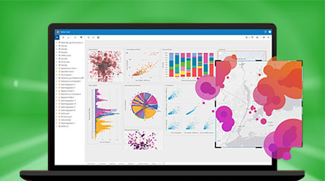 A laptop displaying ArcGIS Insights with multi-colored maps
