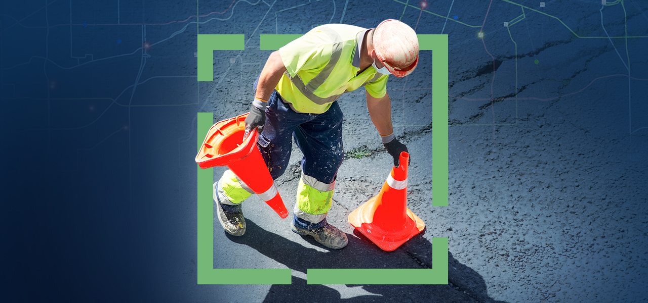 Side-by-side aerial imagery comparing an area before and after automated building detection, with buildings highlighted in red on the right side