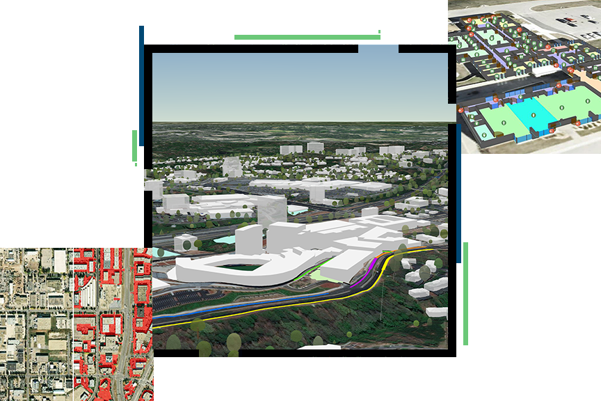 A collage of urban planning visuals centered on a 3D city model with surrounding map and site plan snippets