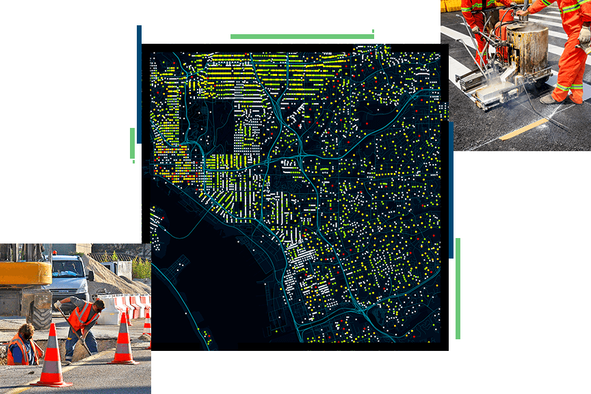 Dos obreros de la construcción reparando una carretera con una excavadora detrás; fondo negro con un mapa de líneas azules y verdes y untos rojos y verdes superpuesto; dos obreros de la construcción pintando líneas blancas en una carretera