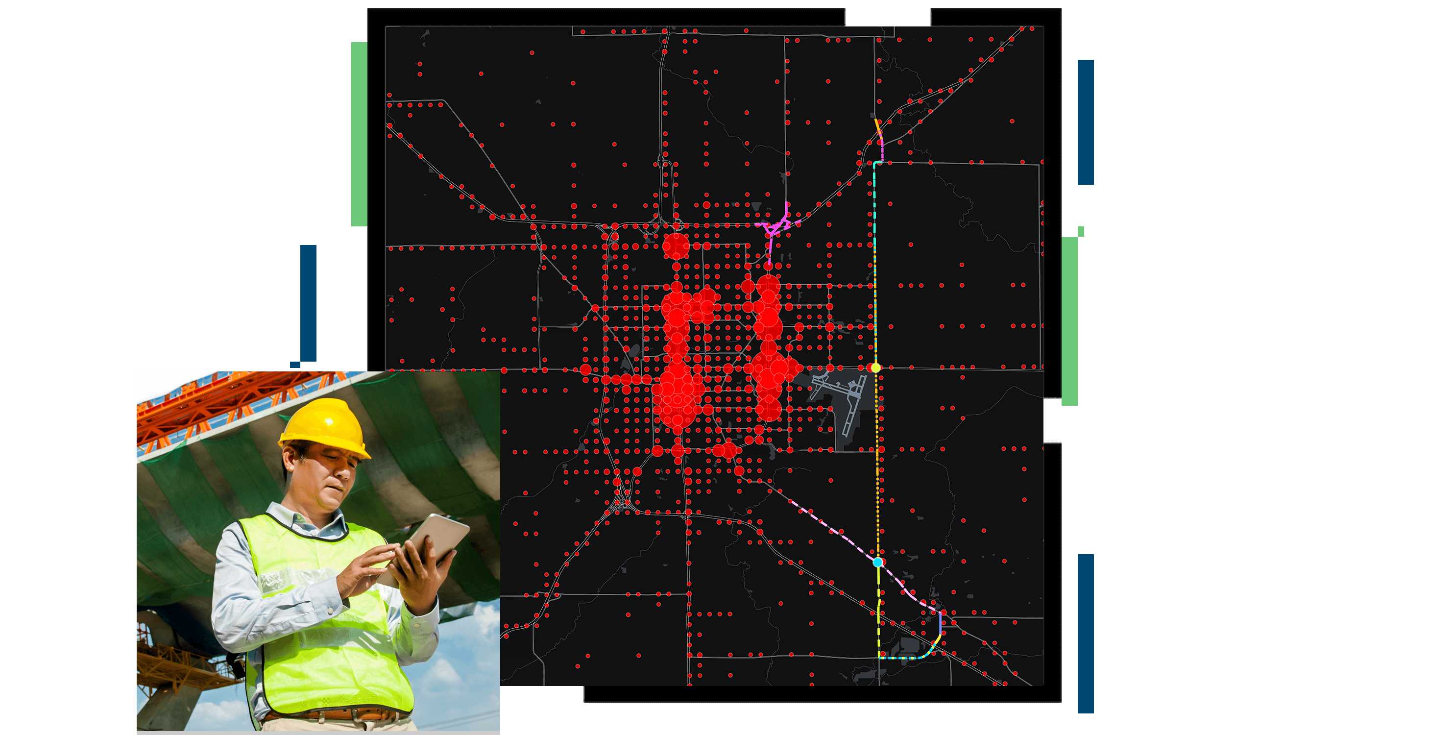 A construction worker using a tablet, A black background overlayed with a map made of red dots