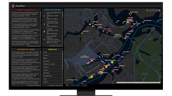 A GIS dashboard with a map and charts that show port capacity, vessels in queue to enter the port, locations of vessels, and more