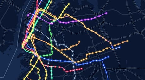 A digital map of New York’s subway system, with train routes and stops marked in various colors