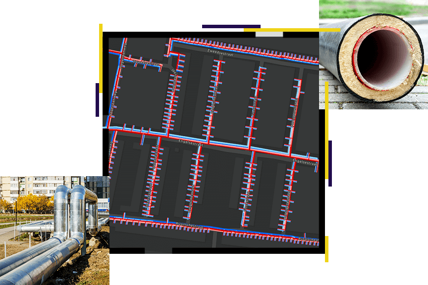 A street map in red and blue on a black background, overlaid with a closeup photo of an insulated pipe lying on the ground and a photo of steel pipes laid out on in field with skyscrapers in the background