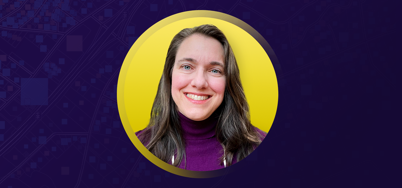 Alison Sengupta wearing a purple turtleneck shirt and smiling overlaid on a yellow and purple graphic background