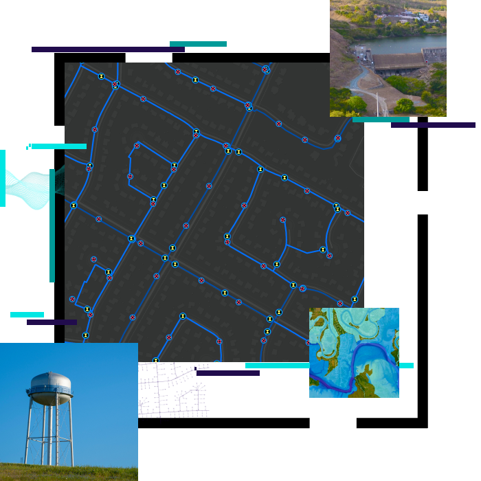 Karte mit Wasserwirtschaftsanlagen, die von Fotos eines Wasserturms und der Luftansicht eines Gewässers überlagert ist