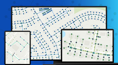 A graphic of a desktop monitor, phone screen, and tablet screen displaying coordinating water utility network data