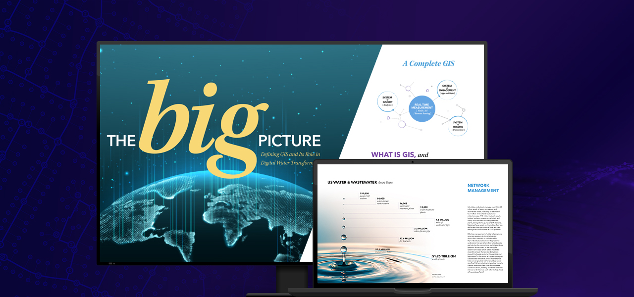 A purple graphic overlaid with two desktop and laptop monitors that show graphics from “The Role of GIS in the Digital Water Transformation” digital report