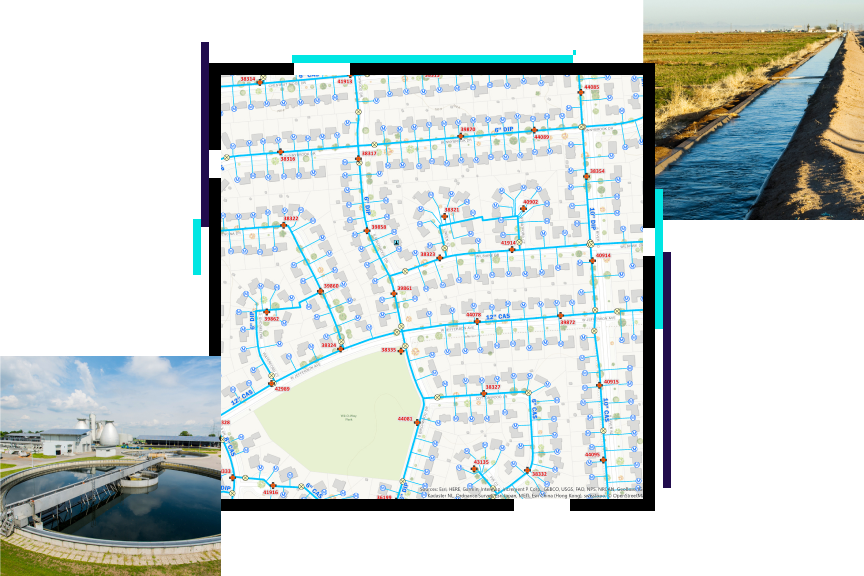  Mapa de líneas de servicios públicos superpuesto con fotos de un acueducto y una planta de procesamiento de agua