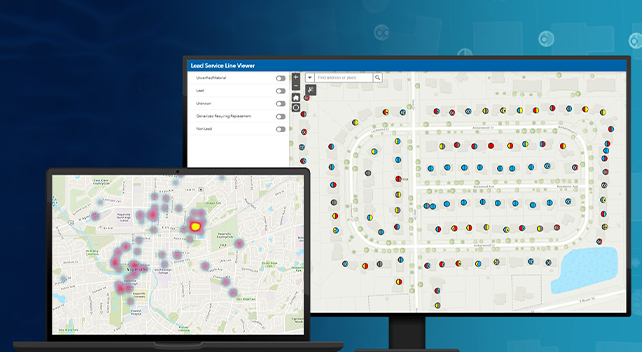 El Visor de líneas de servicio de plomo que simboliza las líneas de servicio de plomo confirmadas, posibles y desconocidas, y un mapa de calor de los puntos conflictivos de la línea de servicio de plomo