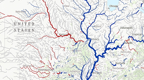 A map displaying rivers in the midwestern United States