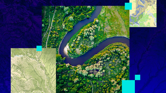 A collage with an image of a winding river surrounded by lush foliage and other images of maps of water sources