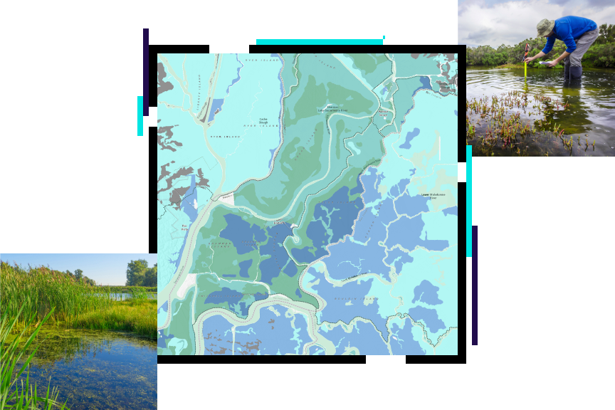 Un mapa de contorno azul superpuesto con fotos de un pantano y un investigador de pie en aguas poco profundas midiendo los niveles de agua