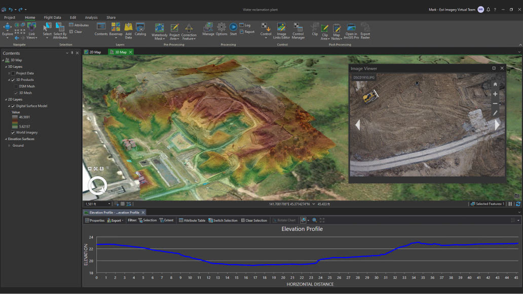 A screen displaying a contour map of a hilly region beside an industrial complex beside menus of analysis options and data graphs