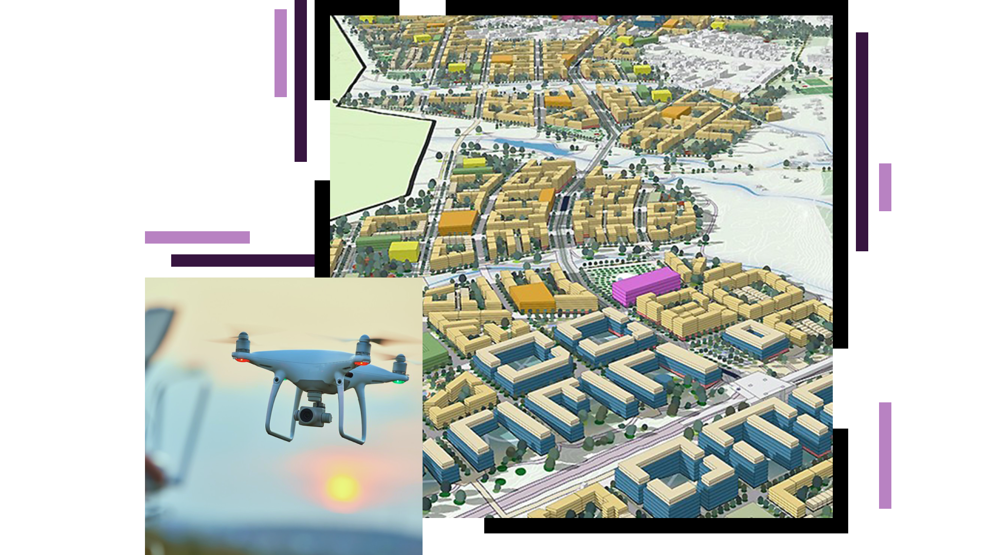A 3D model of a sprawling city with buildings shaded yellow and blue, overlaid with a closeup photo of a large white drone in mid-flight