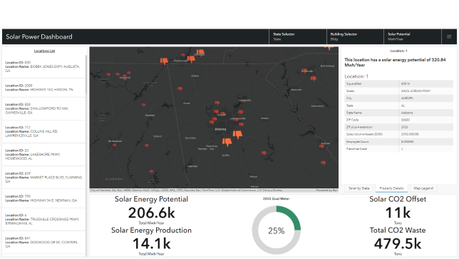 Solar power dashboard with map and metrics