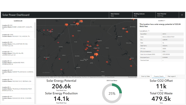 Cuadro de mando de energía solar con mapa y métricas