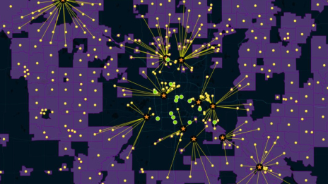 Mappa con aree in viola e punti e linee gialli