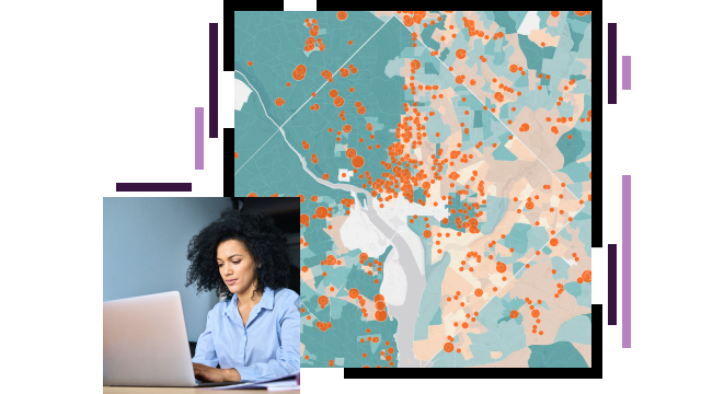 Person looking at a laptop screen, map with orange dots