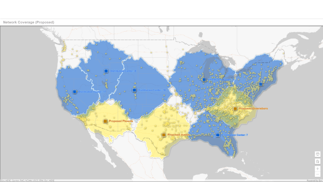 Mappa degli Stati Uniti con aree ombreggiate blu e gialle