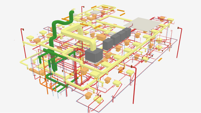 A 3D graphic of a system of pipes inside building walls