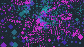 A dark blue street map covered with scattered concentration points in aqua, purple, and hot pink