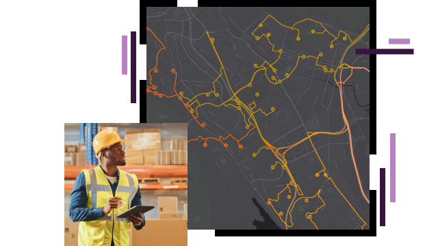 A gray city map with street routes shaded in yellow and orange, overlaid with a photo of a person in a hardhat and safety vest holding a tablet