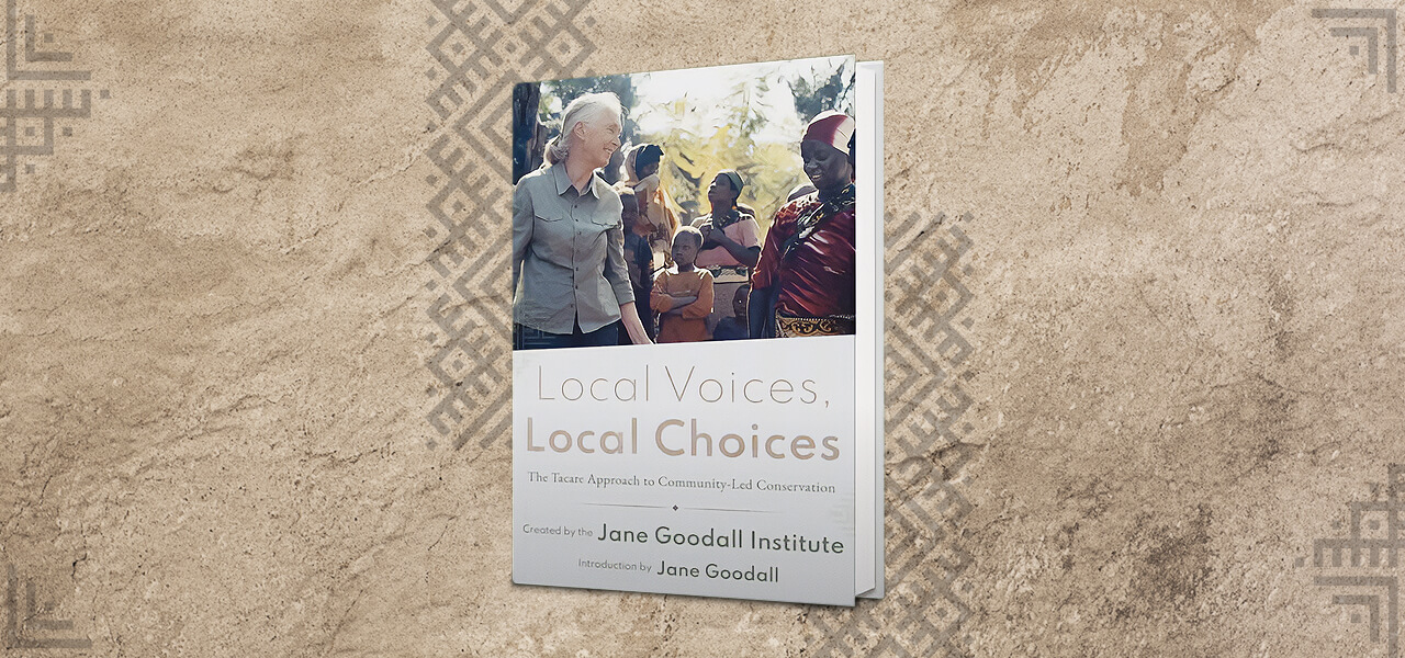 A copy of the book “Local Voices, Local Choices” lying on a rough light brown surface printed with geometric gray tribal patterns