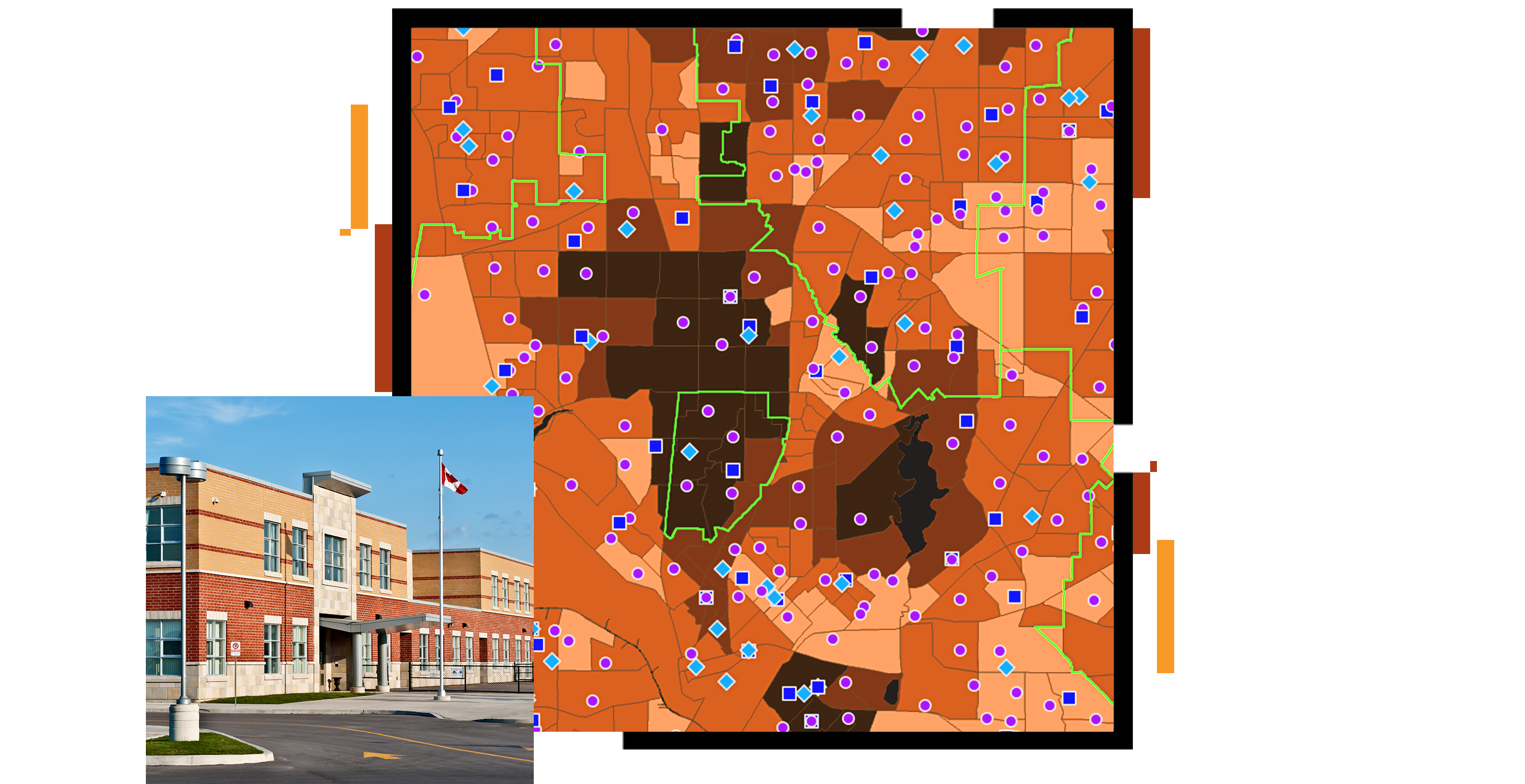 Una mappa distrettuale in arancione e marrone con punti sparsi di colore viola e blu e una piccola foto di una moderna scuola superiore in arancione e beige sotto un cielo blu limpido