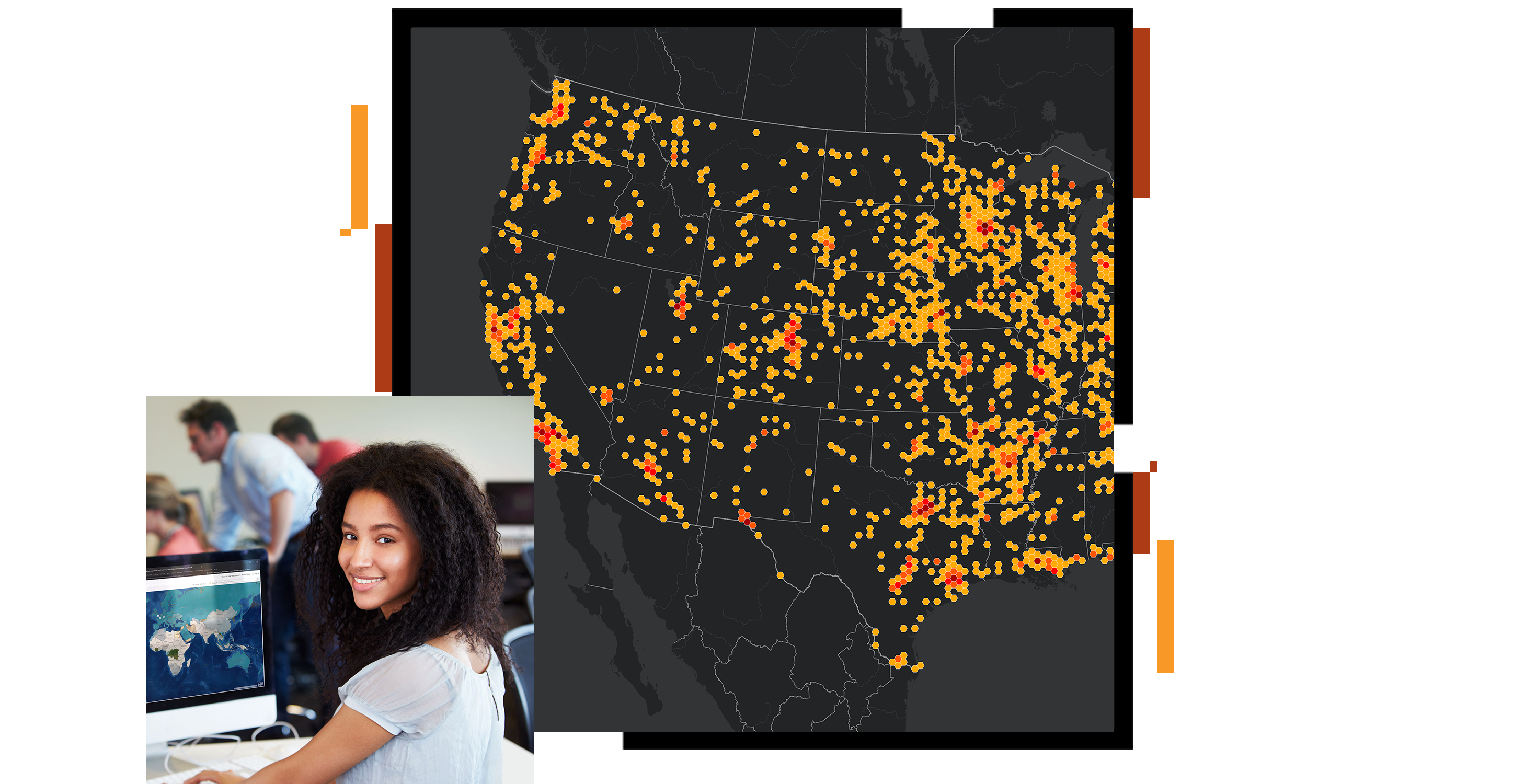 A concentration map of the United States with clustered points in yellow and red on a dark gray background, and a small photo of a smiling student sitting in at a classroom computer station 
