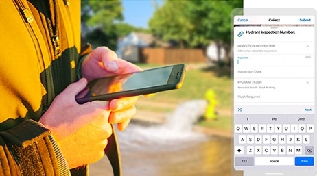 A person in a yellow coat beside a flooding fire hydrant holding a mobile phone, overlaid with a screen capture of a hydrant inspection form app