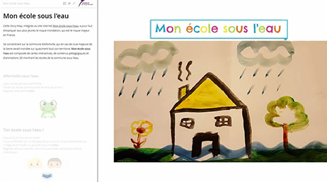 A computer screen displaying a child’s drawing of a house with rainclouds beside a description of the drawing